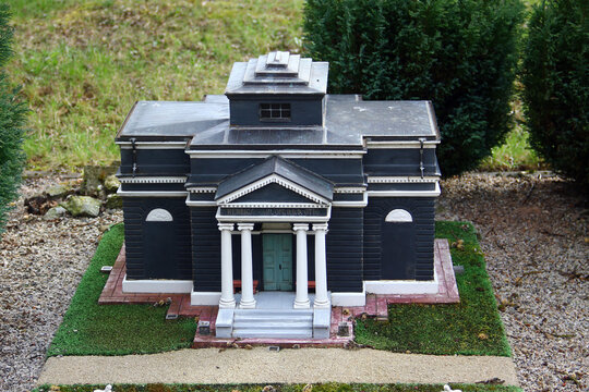 Lichtenstein, Germany - March 29, 2024: Model of Bathhouse in an English landscape garden in Waldenburg. Located in Miniwelt, a miniature park in Lichtenstein, Saxony