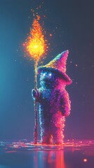 A pixel mage cat, wearing a tiny wizard hat, holding a glowing staff, casting a spell, detailed 8-bit game character