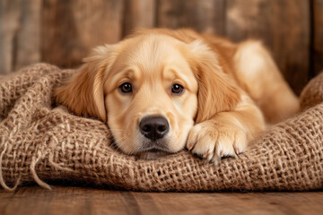 Golden retriever puppy resting on a burlap blanket in a cozy wooden setting during the afternoon light