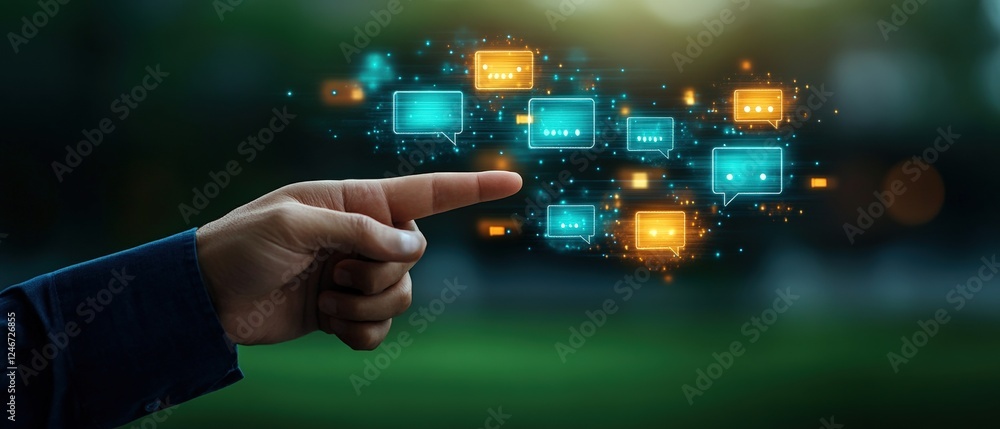 Poster hand pointing to virtual interface with digital elements and interactive icons on a screen