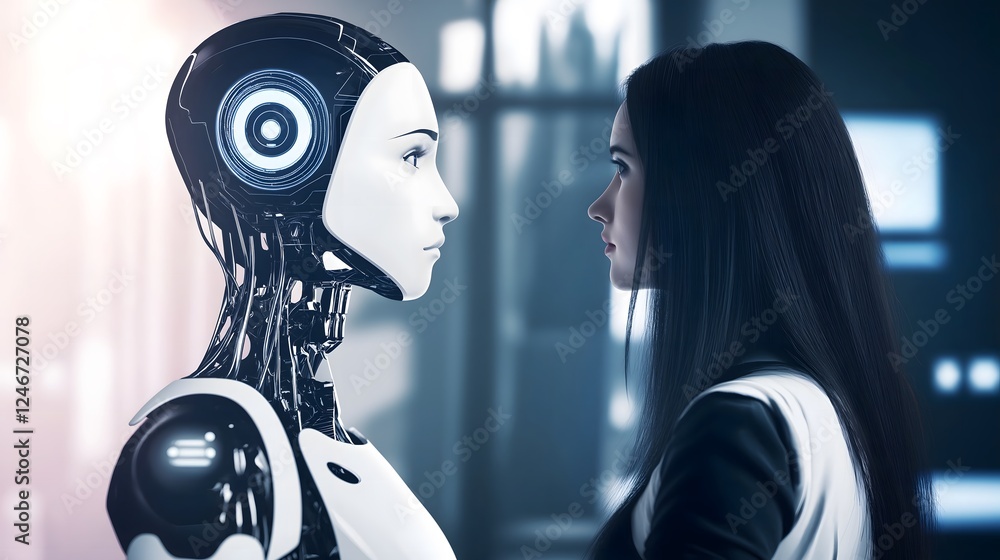 Poster futuristic human and robot face to face interaction scene with artificial intelligence meeting human