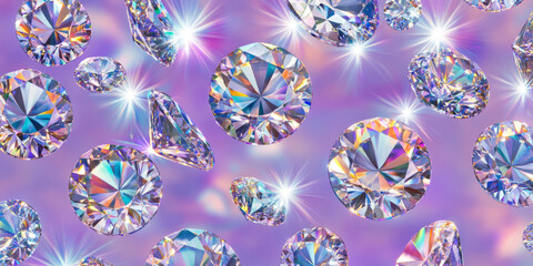 Naklejka premium A royal purple background with diamonds delicately placed, reflecting a vibrant, multicolor glow. The sparkling jewels add depth and luxury to the backdrop, ideal for creating elegant designs for high