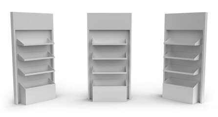 Supermarket Promotional Display Rack, Empty Product Display, PDQ Display Box With Three Different View, Floor Stand Display. 3D Render Illustration. 