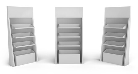 Supermarket Promotional Display Rack, Empty Product Display, PDQ Display Box With Three Different View, Floor Stand Display. 3D Render Illustration. 