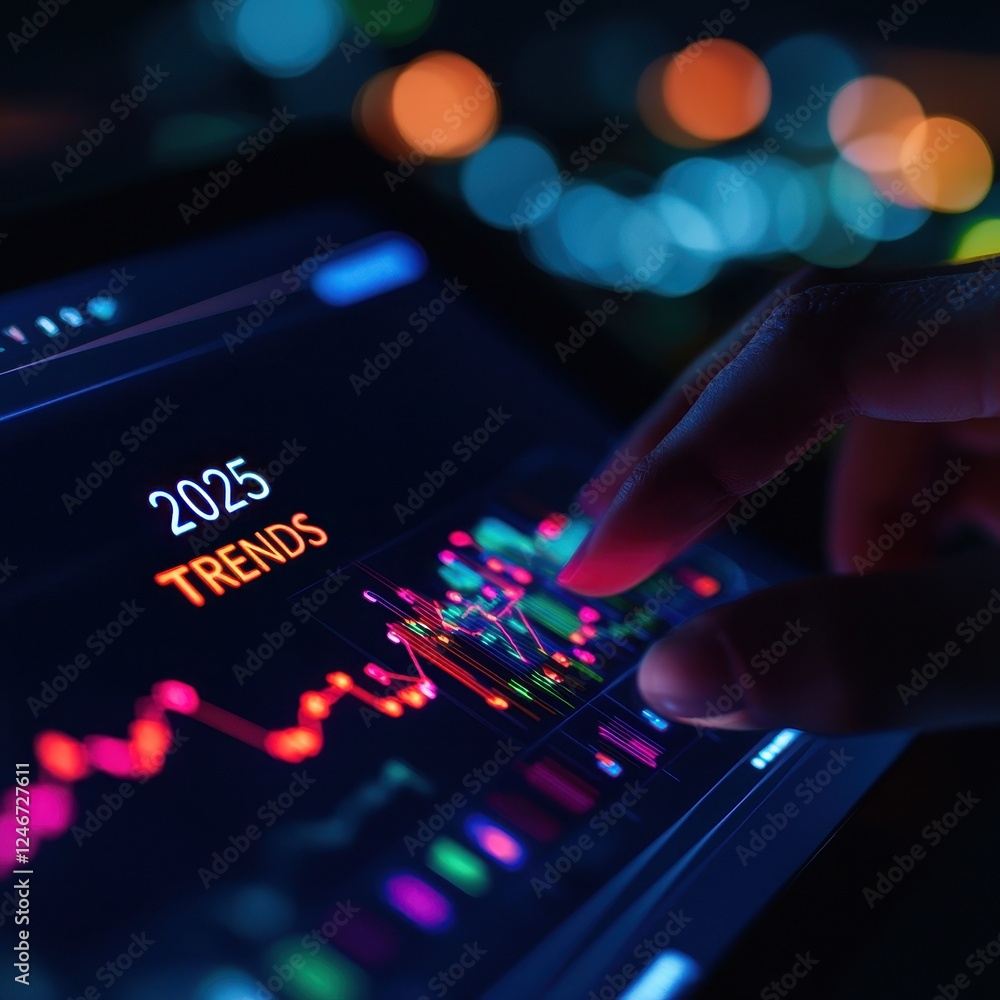 Poster a digital display shows colorful trends for 2025, with a hand interacting with a touchscreen interfa