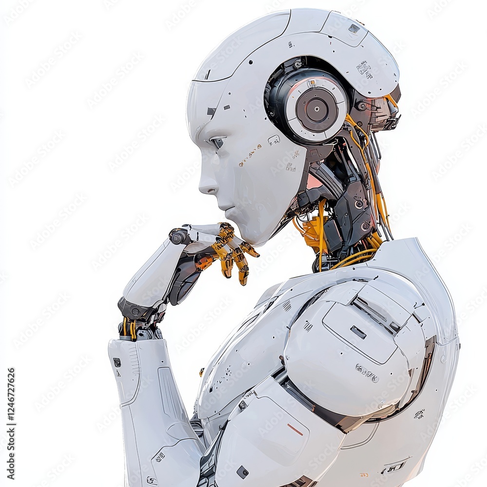 Poster ai robot in thought, side view, isolated on a see-through background