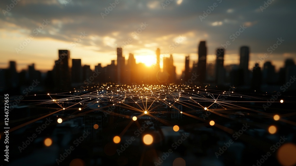 Poster smart city with interconnected network and internet of things digital graphics above the skyline aig