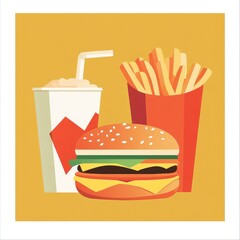 Fast food illustration, burger, fries, soda,  background, yellow, flat style, stock photo