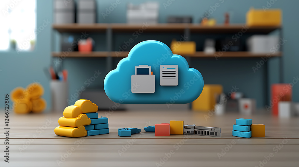 Poster cloud computing data management tools office space digital image modern workspace eye-level view tec