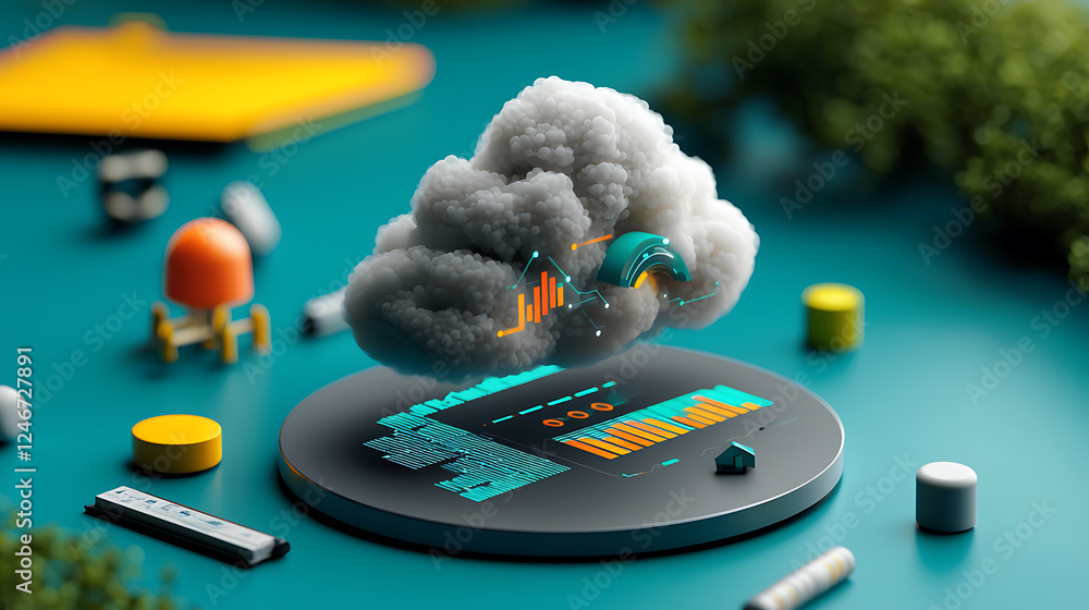 Poster data visualization in the cloud digital workspace infographic representation modern design aerial pe