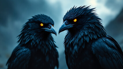 Two mystical ravens, Hugin and Munin, with bright yellow eyes, have a silent conversation against a stormy blue-gray background, symbolizing Norse myth.