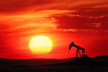 Sunset over oil pump jack in rural landscape showcasing nature and industry at dusk