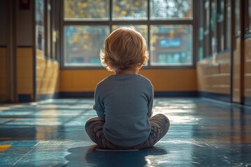 Lonely schoolboy feeling sorrowful and depressed from cyber bullying in school hallway