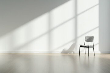 Fototapeta premium Minimalist black chair in a sunlit room with soft shadows on a wooden floor