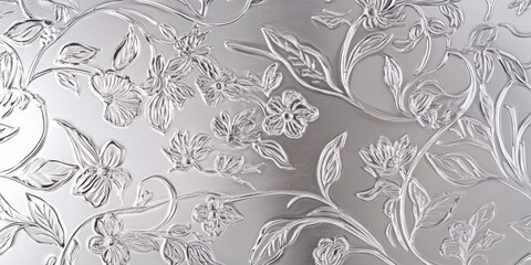Fototapeta premium Polished silver-plated background with intricate floral etchings, giving it a delicate and refined feel. The bright, reflective surface brings sophistication to designs for luxury goods, high-end
