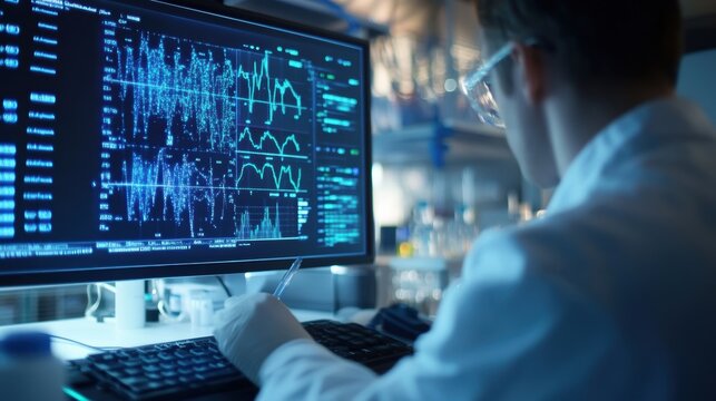 A medium closeup of a researcher analyzing data on a computer screen filled with graphs and charts indicating the efficacy and growth rates of various microbial strains used in therapeutic