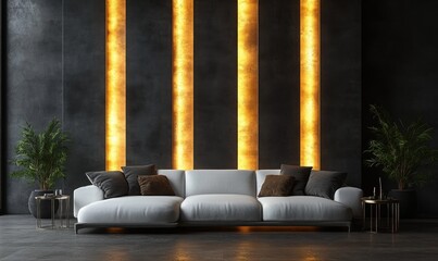 Minimalist Modern Living Room White Sofa Metallic Tables Ambient Lighting Black Wall