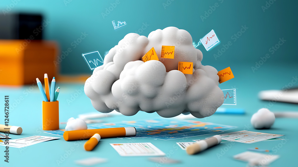 Poster cloud data management tools office space digital illustration creative environment aerial view visua