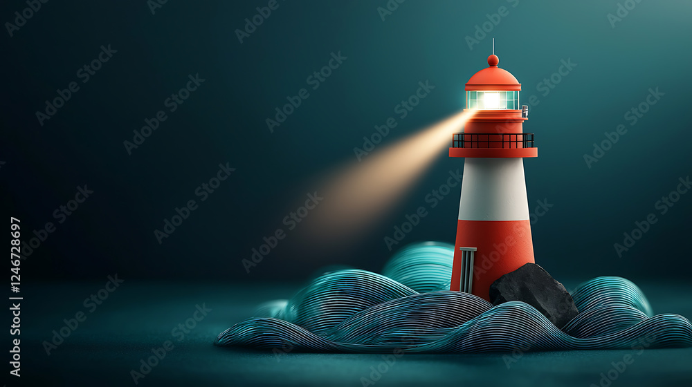 Poster guiding light a striking 3d lighthouse rendering amidst digital waves in a tranquil environment capt