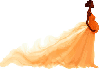 Pregnant Black Woman in Light Orange Gown with Dramatic Watercolor Silhouette