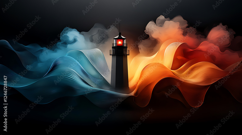 Poster dynamic lighthouse amidst colorful waves digital art abstract environment nighttime setting symboliz