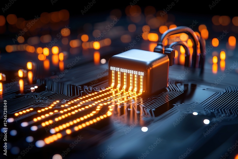 Poster a close-up of a circuit board with glowing connections and a chip, illustrating technology and digit