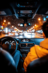 Night Car Interior Illuminated Dashboard City Lights Rain Urban Drive Caucasian Man Driver Automobile