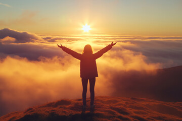 Fototapeta premium Person stands on a mountain peak celebrating a stunning sunset over the clouds in a vibrant sky