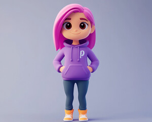 Stylish animated female character with pink hair wearing a purple hoodie, friendly digital avatar concept for gaming and social media