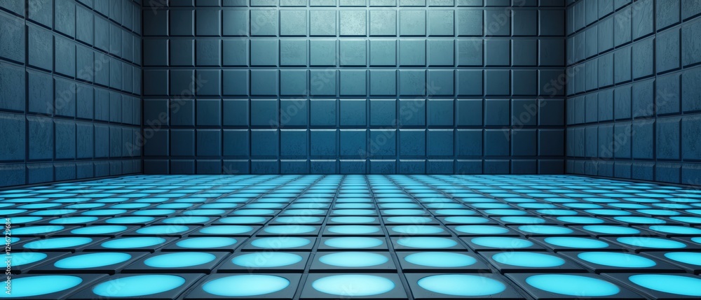 Poster abstract background with blue tiles and illuminated floor for design projects.
