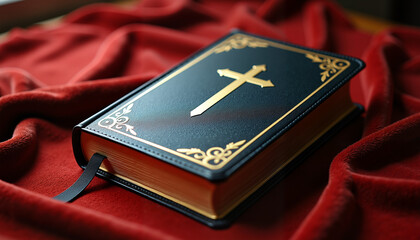Closed black Bible with gold cross on red velvet fabric background
