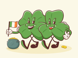 Saint Patrick Day Groovy Shamrocks, Pot and Gold Coins Retro Characters. Cartoon Irish Spring Holiday Personage Illustration. Vector Celtic Mascot Template Background. Vintage Trefoil Drawing Isolated