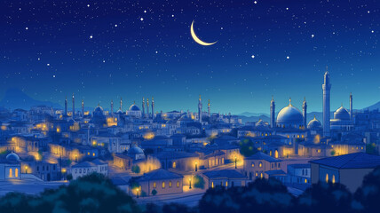Naklejka premium An islamic city view at night. Ramadan or laylat al-qadr concept