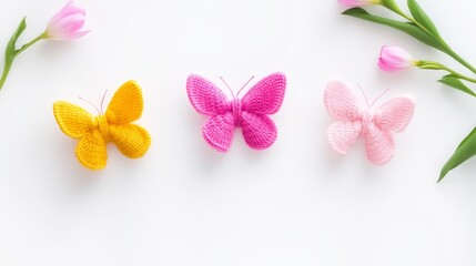 Obraz premium Handmade crocheted butterflies in pastel colors on white linen with soft cotton yarn and intricate lace patterns