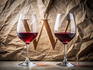 Elegant Red Wine Minimalist Photography: Two Glasses Forming a 'W' on Wrinkled Paper