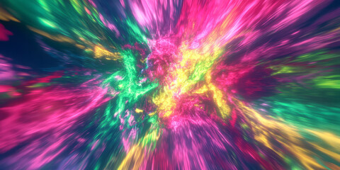 A vibrant, abstract explosion of colors with swirling gradients of neon green, pink, and yellow. The chaotic yet harmonious pattern is ideal for music visuals, event promotions, or dynamic digital