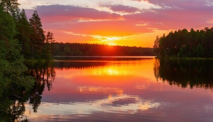 Obraz premium Vibrant sunset over a serene lake framed by trees reflecting in calm water