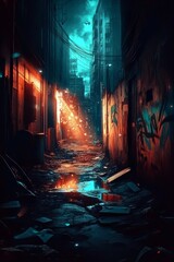 Naklejka premium A colorful display of graffiti contrasts against the darkened background of an old alleyway.