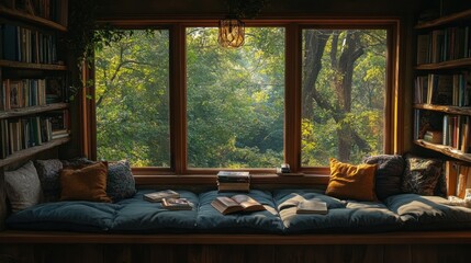 Fototapeta premium Comfortable window seat with books and cushions