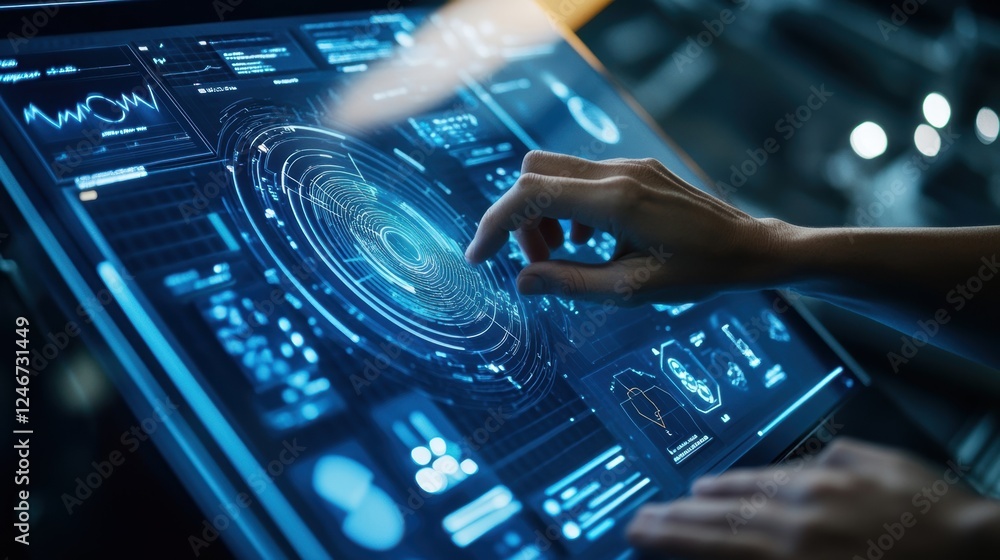 Poster a medium closeup of a technicians hands adjusting a digital touchscreen interface displaying realtim