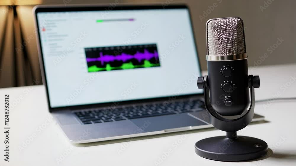 Aufkleber professional condenser microphone and laptop displaying audio editing software interface in slow mot