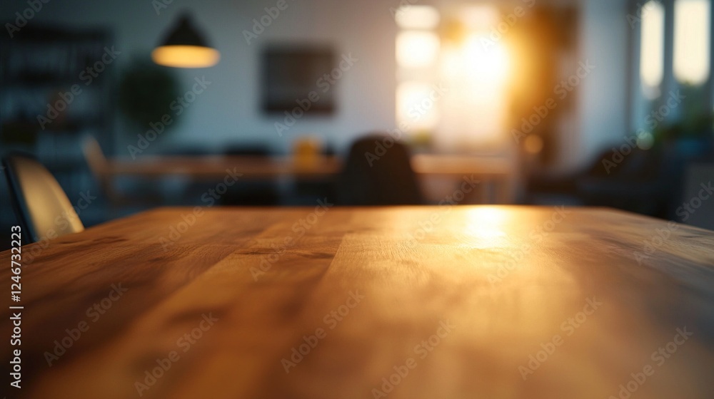 Poster a wooden table with a rich texture draws attention in a softly lit kitchen. the blurred backdrop rev