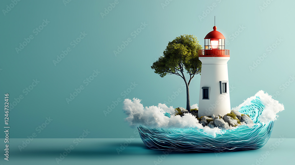 Poster lighthouse surrounded by waves and trees coastal scene 3d digital art tranquil environment aerial vi