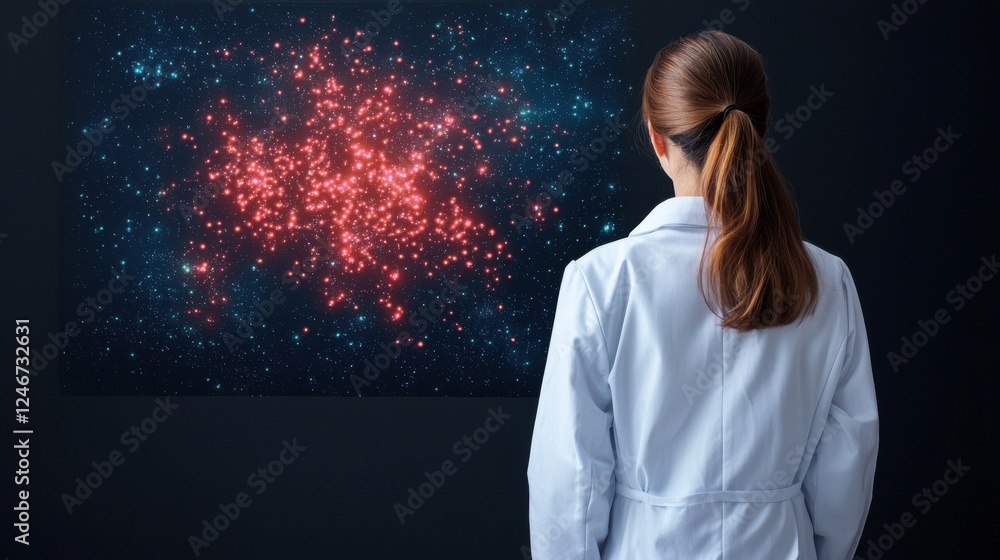 Poster a scientist observes a cosmic visualization, featuring vibrant red and blue patterns, suggesting a d