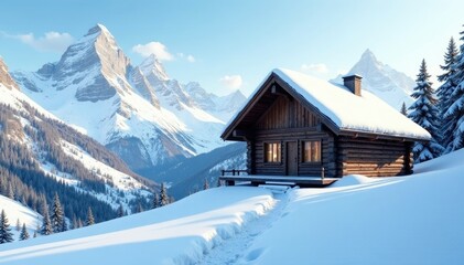 Snowy mountain hut with a sloping roof and wooden beams, mountains, snow