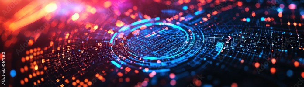 Poster a vibrant abstract representation of digital technology, featuring glowing circular patterns and col