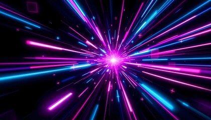 Obraz premium Cybernetic Cascade, Abstract Neon Light Rays Converging on Central Point