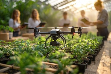 Sustainability diversity and digital transformation. A drone hovers over potted plants in a greenhouse, where individuals are engaged in monitoring and documenting plant growth.
