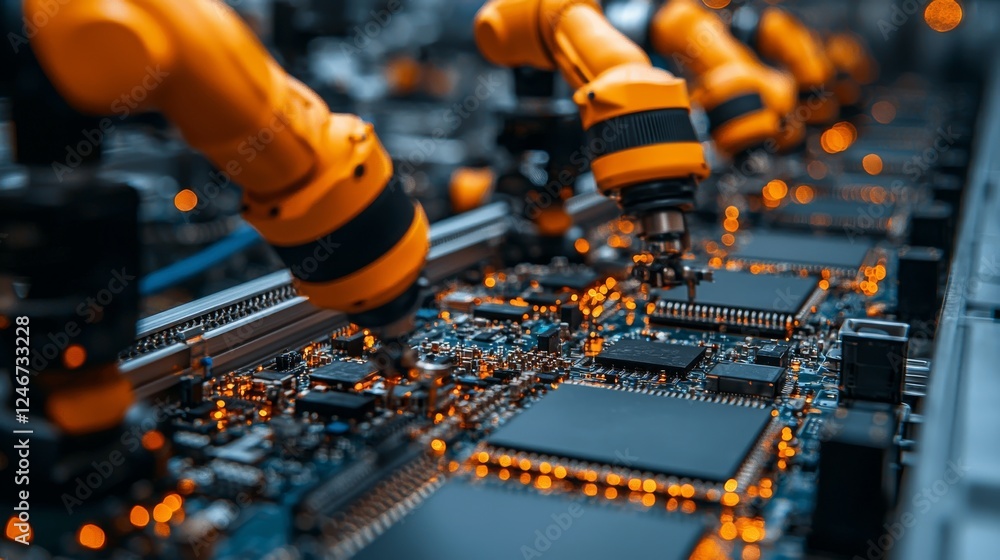 Poster fully automated pcb assembly line equipped with high precision robot arms at electronics factory