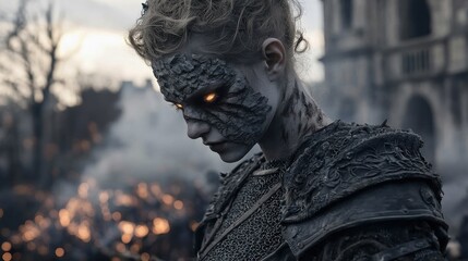 Epic battle scene of a mystical warrior in a fiery ruin fantasy art dark atmosphere cinematic view